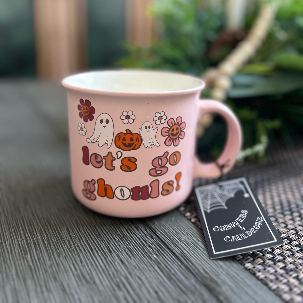 Cute Pink Ghost Daisy Pumkin Let’s Go Ghouls Cobwebs & Cauldrons Halloween Mug